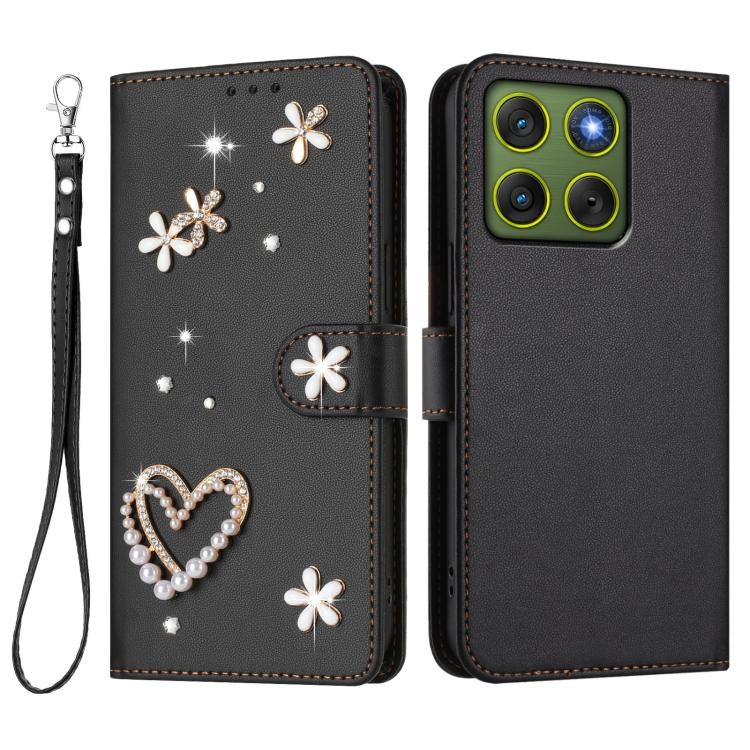 For Motorola Edge 70 5G / X70 Air 5G ZS01 Double-Layer Heart Floral Vegan Leather Phone Case with Wrist Strap