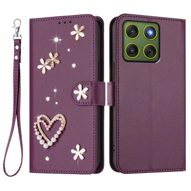 For Motorola Edge 70 5G / X70 Air 5G ZS01 Double-Layer Heart Floral Vegan Leather Phone Case with Wrist Strap