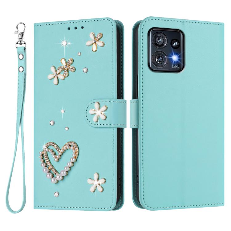 For Motorola Edge+ 2023/40 Pro 5G ZS01 Double-Layer Heart Floral Vegan Leather Phone Case with Wrist Strap