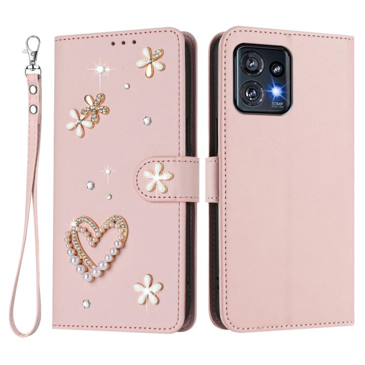 For Motorola Edge+ 2023/40 Pro 5G ZS01 Double-Layer Heart Floral Vegan Leather Phone Case with Wrist Strap
