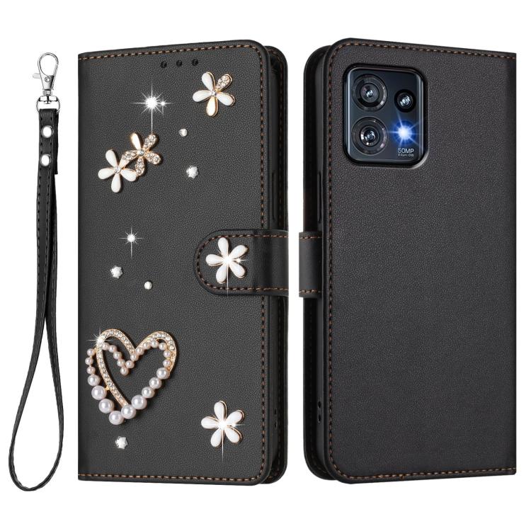For Motorola Edge+ 2023/40 Pro 5G ZS01 Double-Layer Heart Floral Vegan Leather Phone Case with Wrist Strap