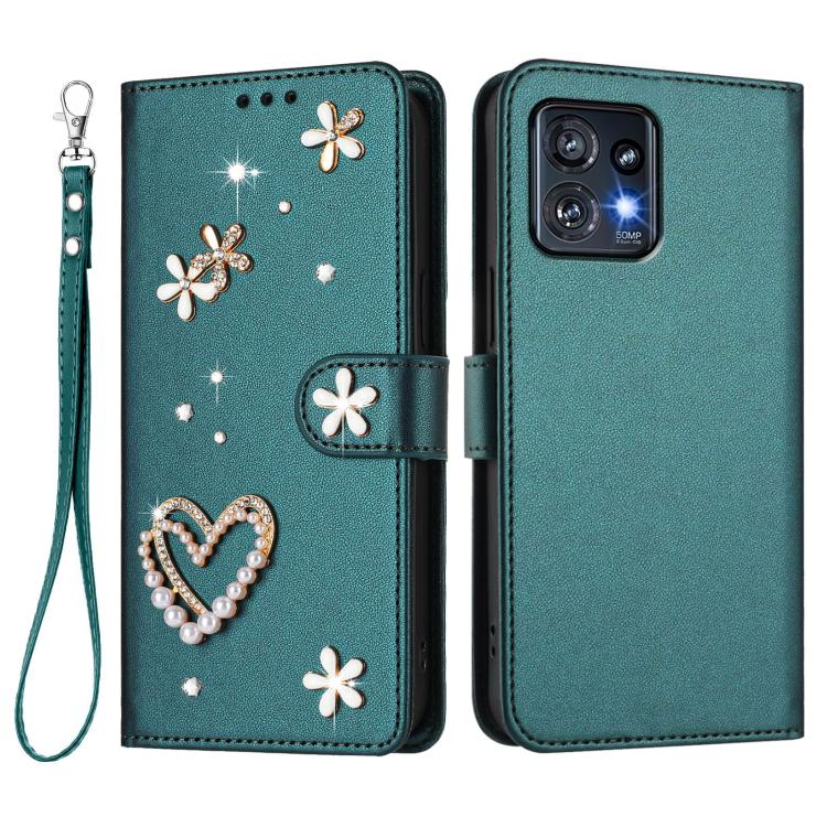 For Motorola Edge+ 2023/40 Pro 5G ZS01 Double-Layer Heart Floral Vegan Leather Phone Case with Wrist Strap
