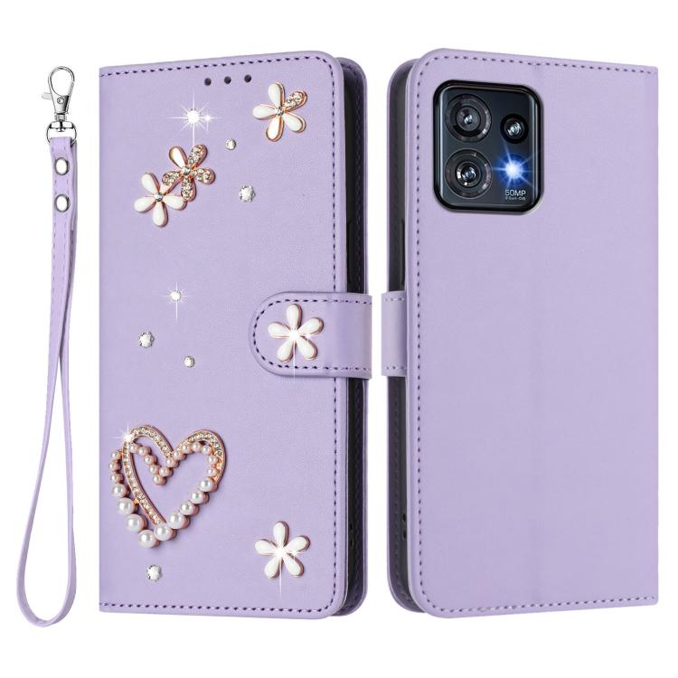For Motorola Edge+ 2023/40 Pro 5G ZS01 Double-Layer Heart Floral Vegan Leather Phone Case with Wrist Strap