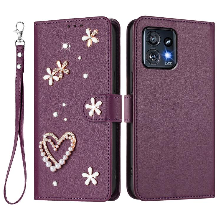 For Motorola Edge+ 2023/40 Pro 5G ZS01 Double-Layer Heart Floral Vegan Leather Phone Case with Wrist Strap