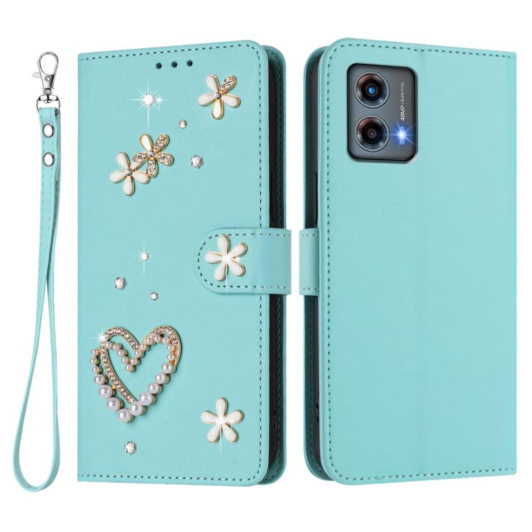 For Motorola Moto G 5G 2023 Global ZS01 Double-Layer Heart Floral Vegan Leather Phone Case with Wrist Strap