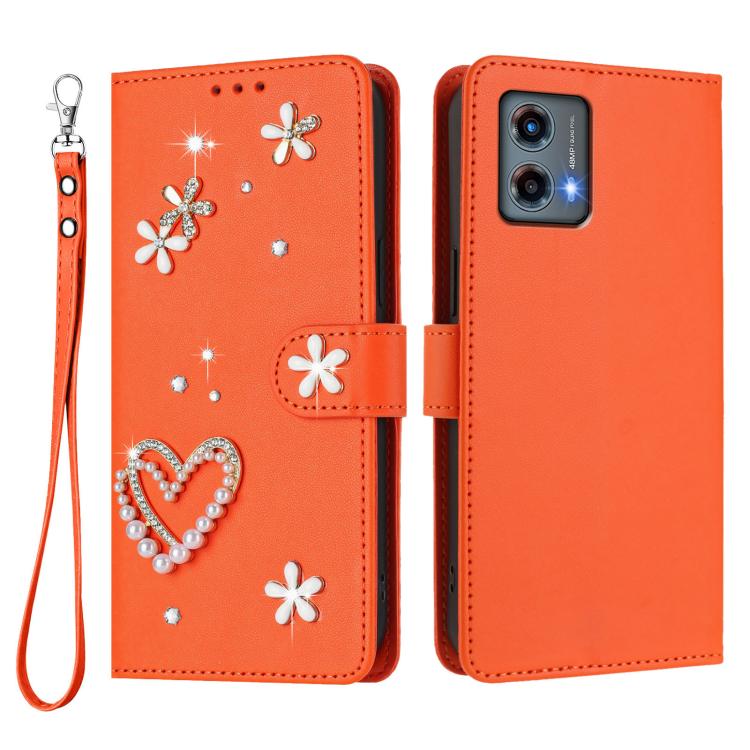 For Motorola Moto G 5G 2023 Global ZS01 Double-Layer Heart Floral Vegan Leather Phone Case with Wrist Strap