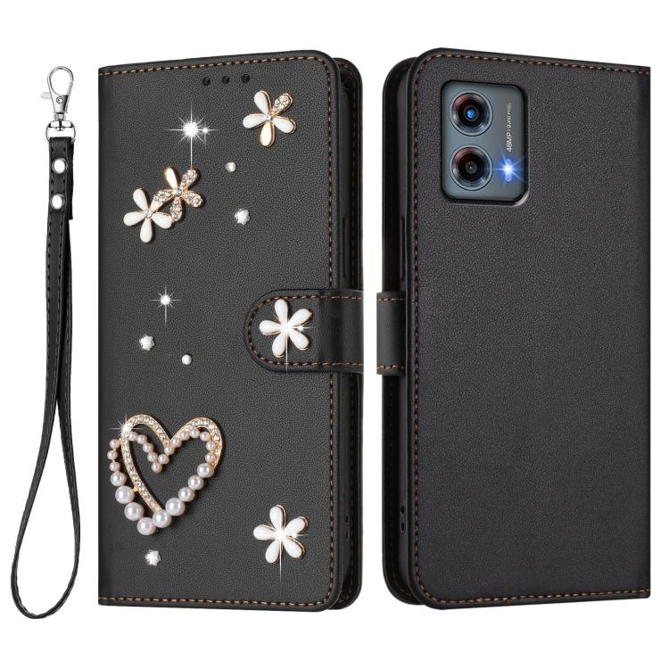 For Motorola Moto G 5G 2023 Global ZS01 Double-Layer Heart Floral Vegan Leather Phone Case with Wrist Strap