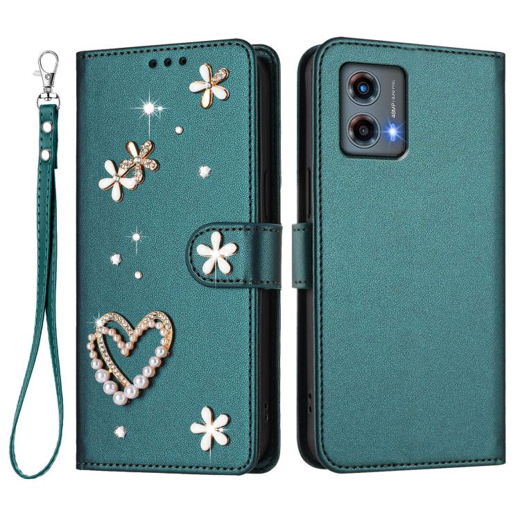 For Motorola Moto G 5G 2023 Global ZS01 Double-Layer Heart Floral Vegan Leather Phone Case with Wrist Strap