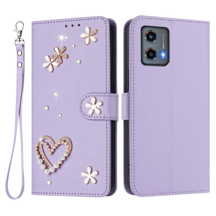 For Motorola Moto G 5G 2023 Global ZS01 Double-Layer Heart Floral Vegan Leather Phone Case with Wrist Strap