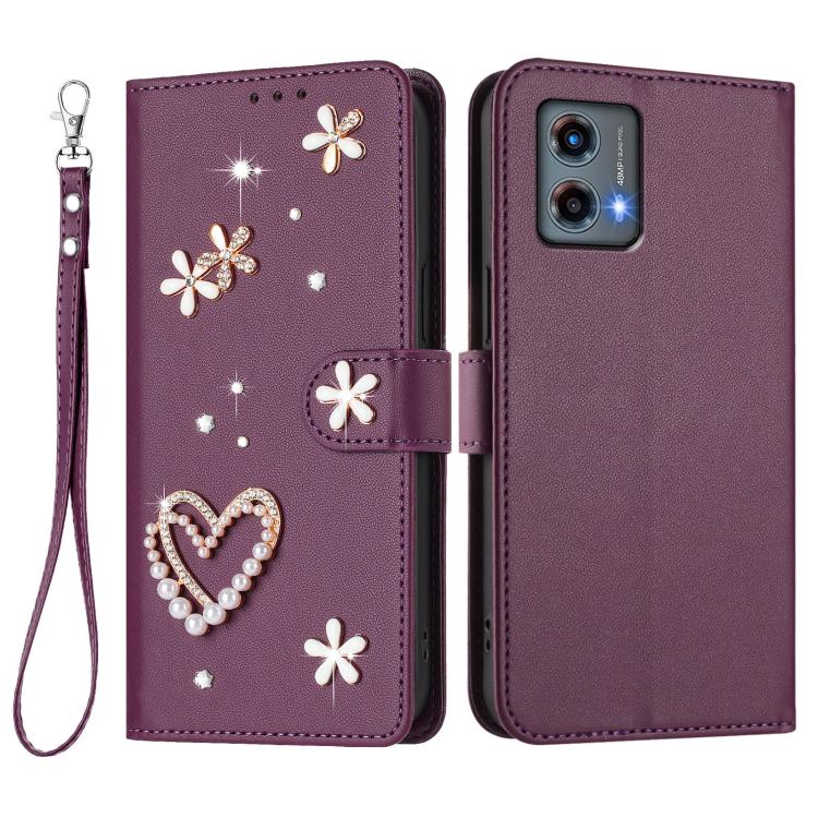 For Motorola Moto G 5G 2023 Global ZS01 Double-Layer Heart Floral Vegan Leather Phone Case with Wrist Strap