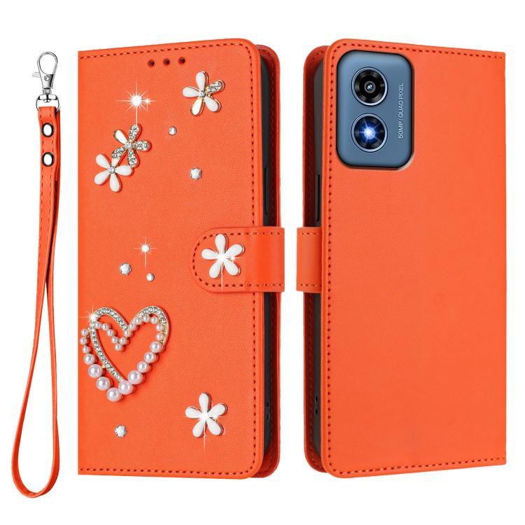 For Motorola Moto G Play 4G 2024 Global ZS01 Double-Layer Heart Floral Vegan Leather Phone Case with Wrist Strap