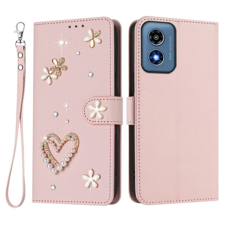 For Motorola Moto G Play 4G 2024 Global ZS01 Double-Layer Heart Floral Vegan Leather Phone Case with Wrist Strap