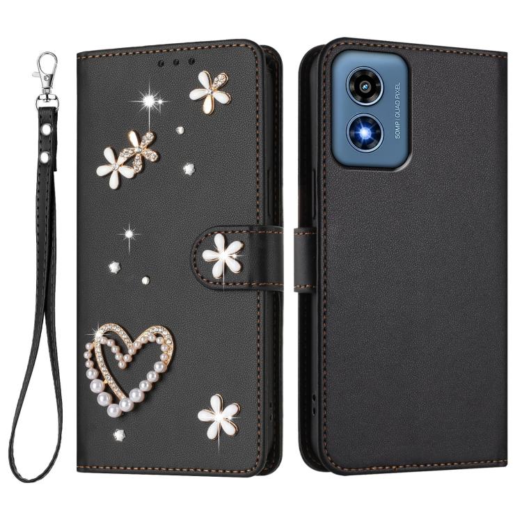 For Motorola Moto G Play 4G 2024 Global ZS01 Double-Layer Heart Floral Vegan Leather Phone Case with Wrist Strap