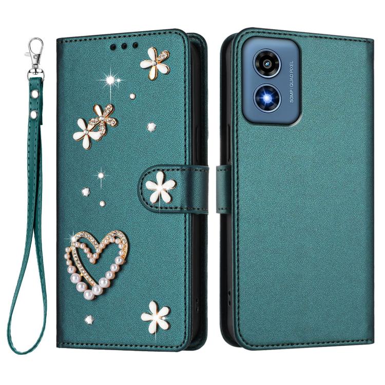 For Motorola Moto G Play 4G 2024 Global ZS01 Double-Layer Heart Floral Vegan Leather Phone Case with Wrist Strap