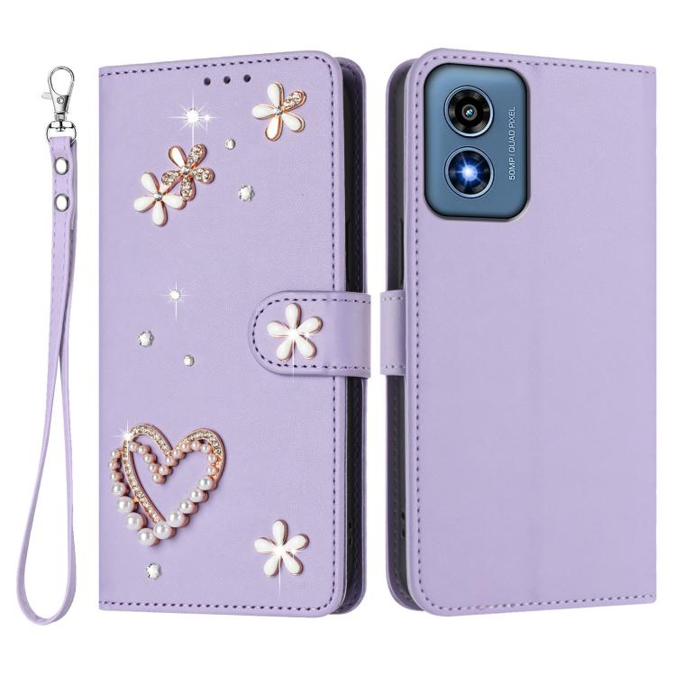 For Motorola Moto G Play 4G 2024 Global ZS01 Double-Layer Heart Floral Vegan Leather Phone Case with Wrist Strap