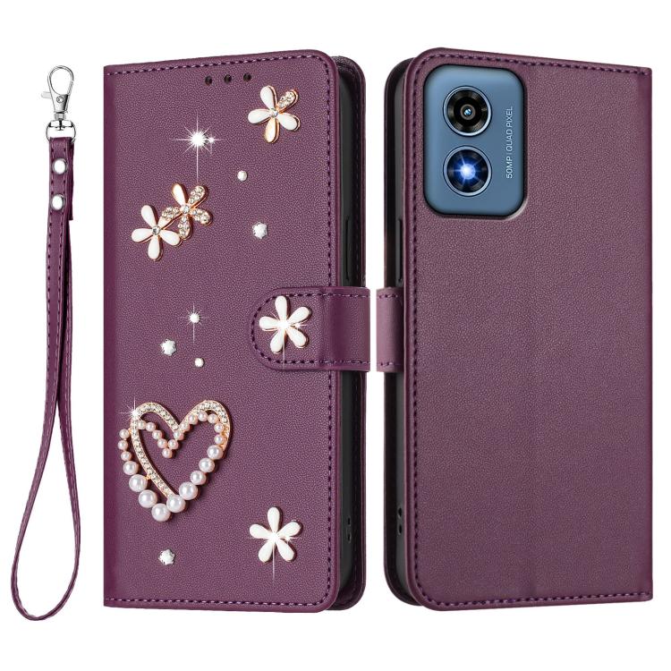 For Motorola Moto G Play 4G 2024 Global ZS01 Double-Layer Heart Floral Vegan Leather Phone Case with Wrist Strap