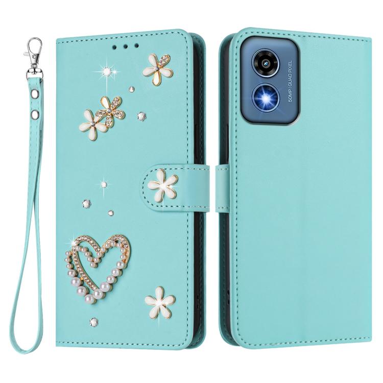 For Motorola Moto G 5G 2024 Global ZS01 Double-Layer Heart Floral Vegan Leather Phone Case with Wrist Strap