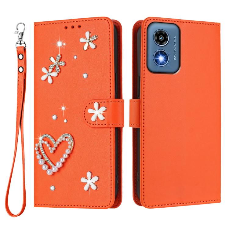 For Motorola Moto G 5G 2024 Global ZS01 Double-Layer Heart Floral Vegan Leather Phone Case with Wrist Strap