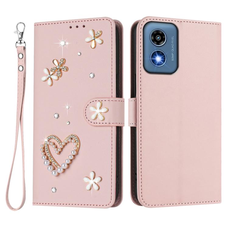 For Motorola Moto G 5G 2024 Global ZS01 Double-Layer Heart Floral Vegan Leather Phone Case with Wrist Strap