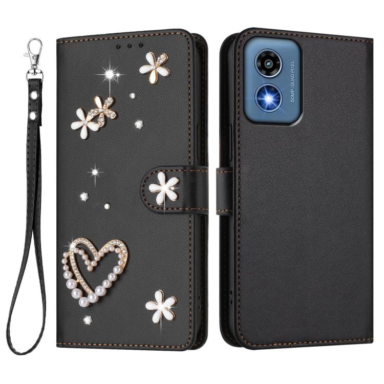 For Motorola Moto G 5G 2024 Global ZS01 Double-Layer Heart Floral Vegan Leather Phone Case with Wrist Strap