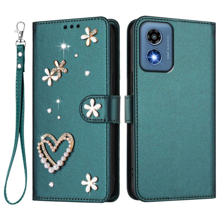 For Motorola Moto G 5G 2024 Global ZS01 Double-Layer Heart Floral Vegan Leather Phone Case with Wrist Strap