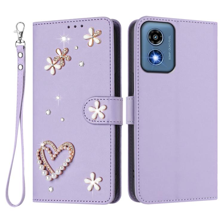 For Motorola Moto G 5G 2024 Global ZS01 Double-Layer Heart Floral Vegan Leather Phone Case with Wrist Strap