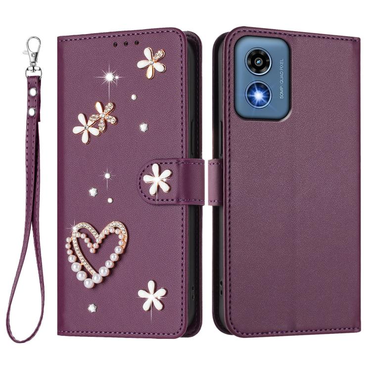 For Motorola Moto G 5G 2024 Global ZS01 Double-Layer Heart Floral Vegan Leather Phone Case with Wrist Strap