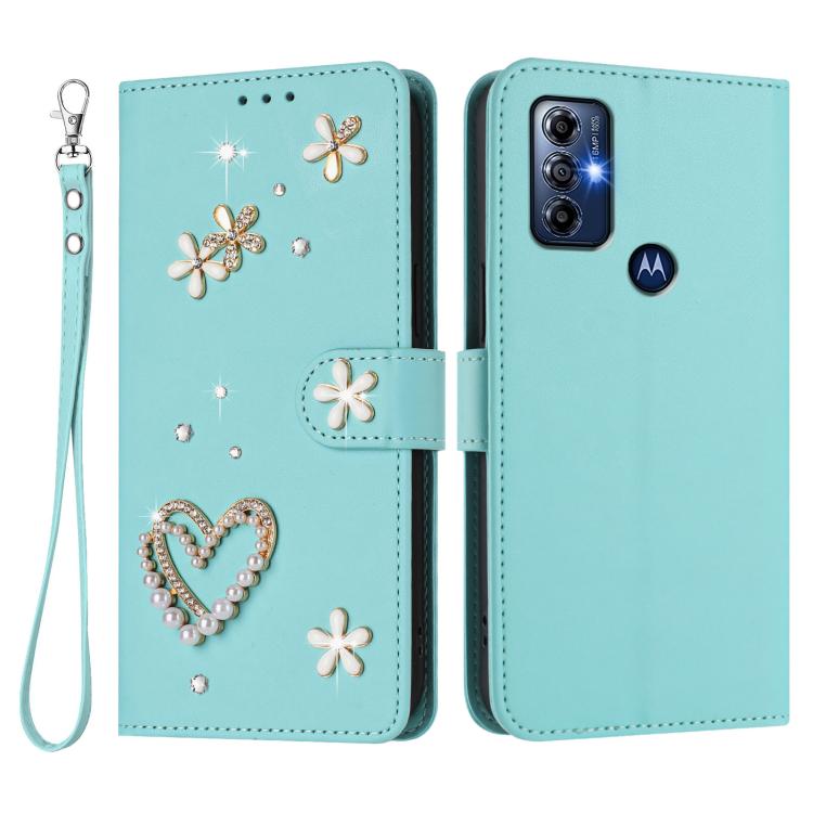 For Motorola Moto G Play 2023 ZS01 Double-Layer Heart Floral Vegan Leather Phone Case with Wrist Strap