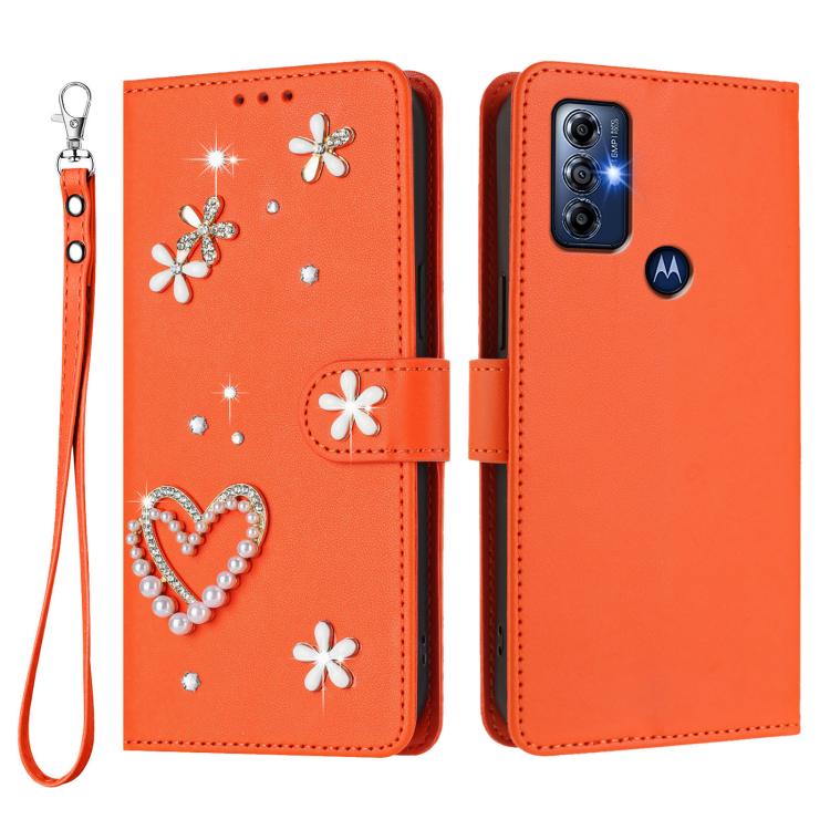 For Motorola Moto G Play 2023 ZS01 Double-Layer Heart Floral Vegan Leather Phone Case with Wrist Strap