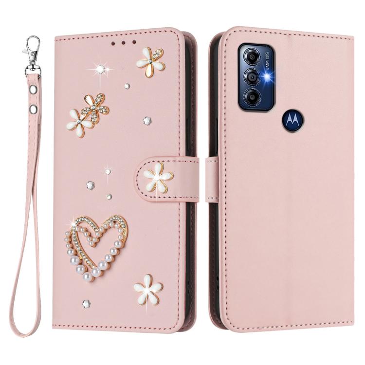 For Motorola Moto G Play 2023 ZS01 Double-Layer Heart Floral Vegan Leather Phone Case with Wrist Strap
