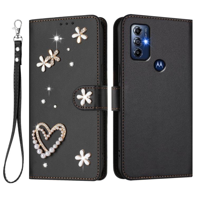 For Motorola Moto G Play 2023 ZS01 Double-Layer Heart Floral Vegan Leather Phone Case with Wrist Strap