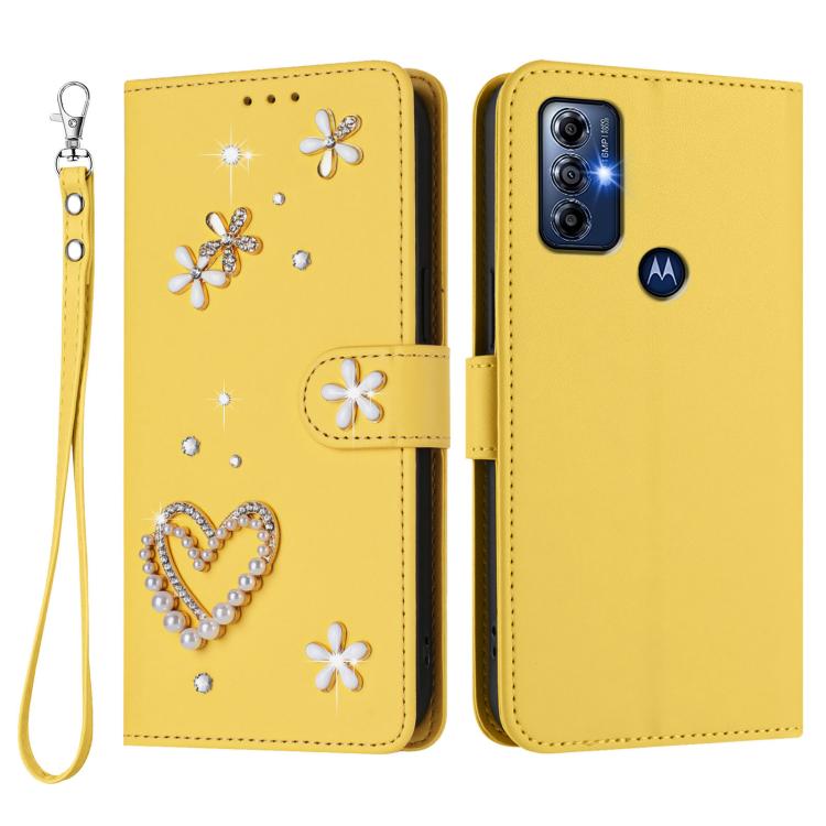 For Motorola Moto G Play 2023 ZS01 Double-Layer Heart Floral Vegan Leather Phone Case with Wrist Strap