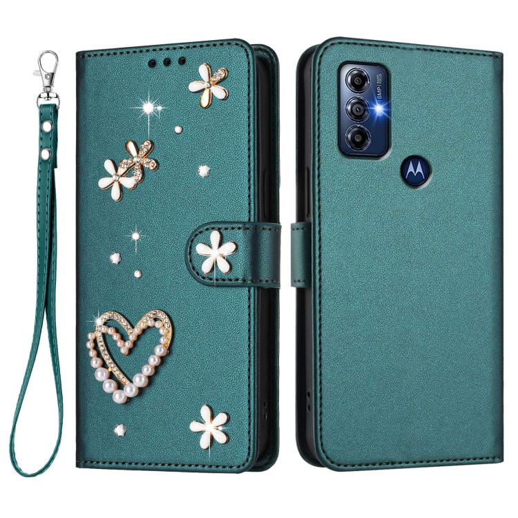 For Motorola Moto G Play 2023 ZS01 Double-Layer Heart Floral Vegan Leather Phone Case with Wrist Strap
