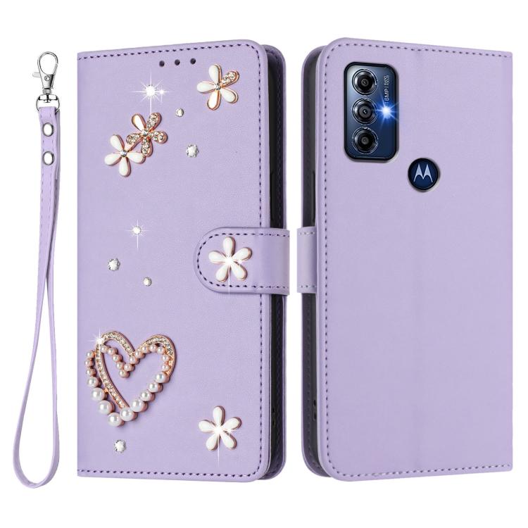 For Motorola Moto G Play 2023 ZS01 Double-Layer Heart Floral Vegan Leather Phone Case with Wrist Strap