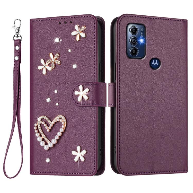 For Motorola Moto G Play 2023 ZS01 Double-Layer Heart Floral Vegan Leather Phone Case with Wrist Strap