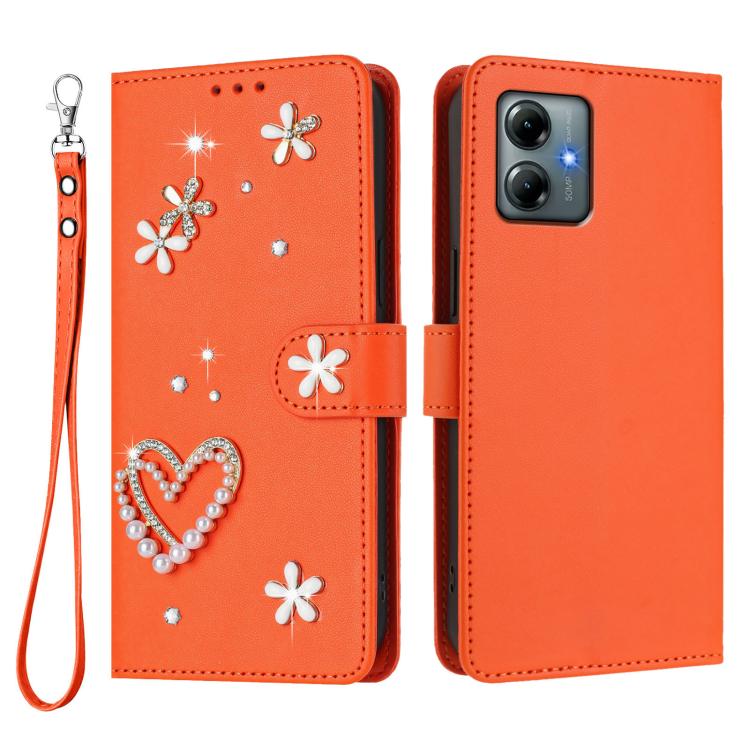 For Motorola Moto G Play 2025 ZS01 Double-Layer Heart Floral Vegan Leather Phone Case with Wrist Strap