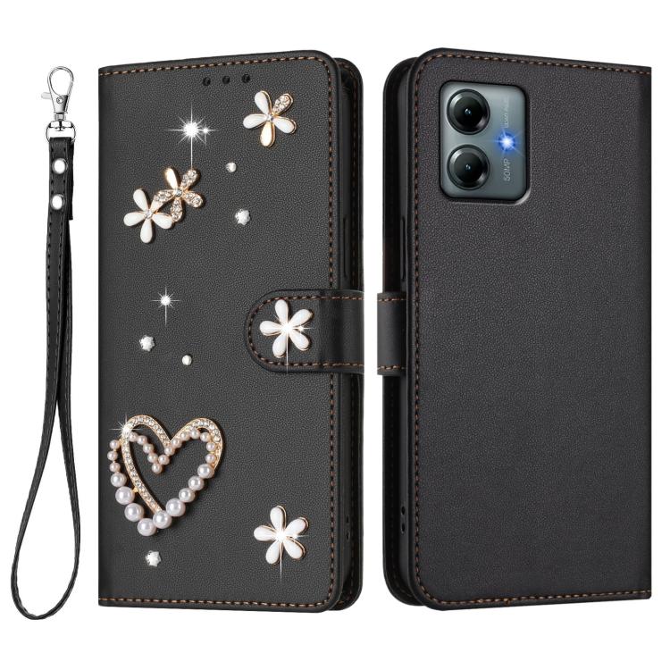 For Motorola Moto G Play 2025 ZS01 Double-Layer Heart Floral Vegan Leather Phone Case with Wrist Strap