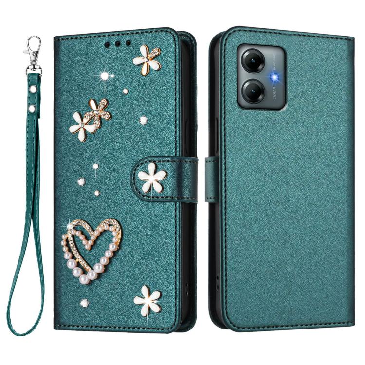 For Motorola Moto G Play 2025 ZS01 Double-Layer Heart Floral Vegan Leather Phone Case with Wrist Strap
