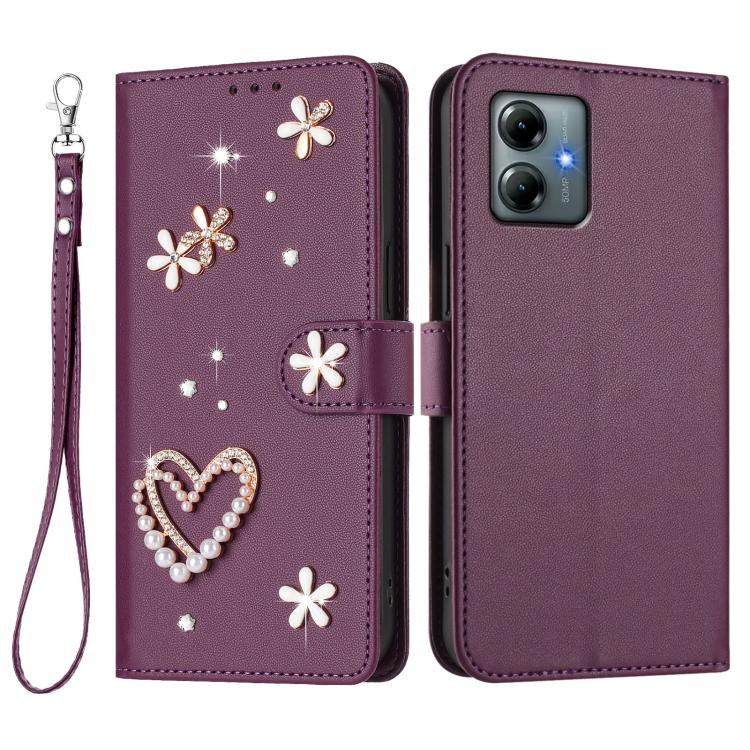 For Motorola Moto G Play 2025 ZS01 Double-Layer Heart Floral Vegan Leather Phone Case with Wrist Strap