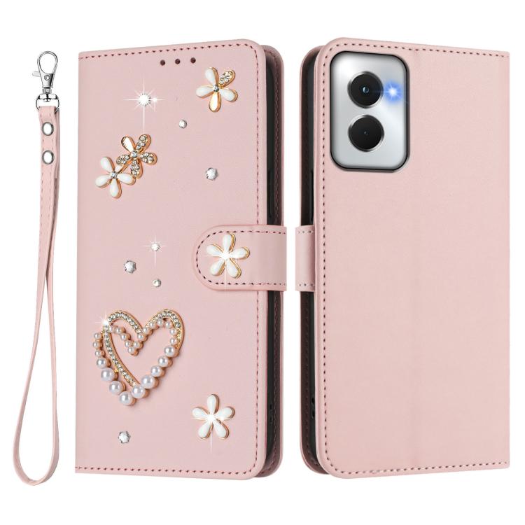 For Motorola Moto G Power 5G 2024 ZS01 Double-Layer Heart Floral Vegan Leather Phone Case with Wrist Strap