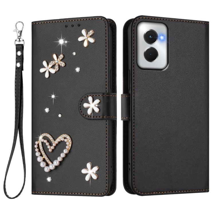 For Motorola Moto G Power 5G 2024 ZS01 Double-Layer Heart Floral Vegan Leather Phone Case with Wrist Strap