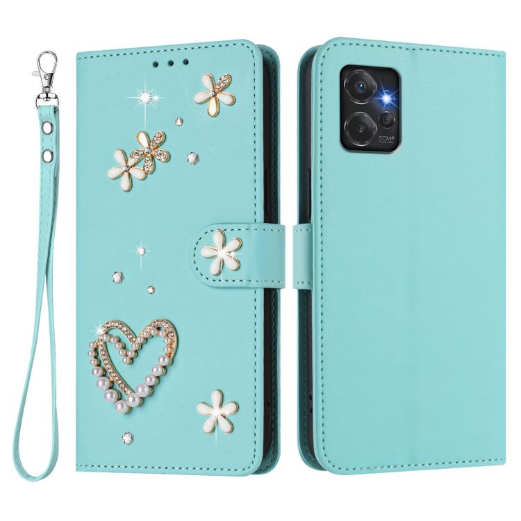 For Motorola Moto G Power 2023 ZS01 Double-Layer Heart Floral Vegan Leather Phone Case with Wrist Strap