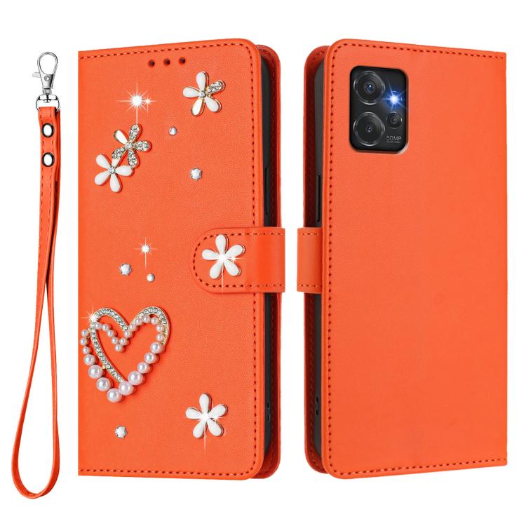 For Motorola Moto G Power 2023 ZS01 Double-Layer Heart Floral Vegan Leather Phone Case with Wrist Strap