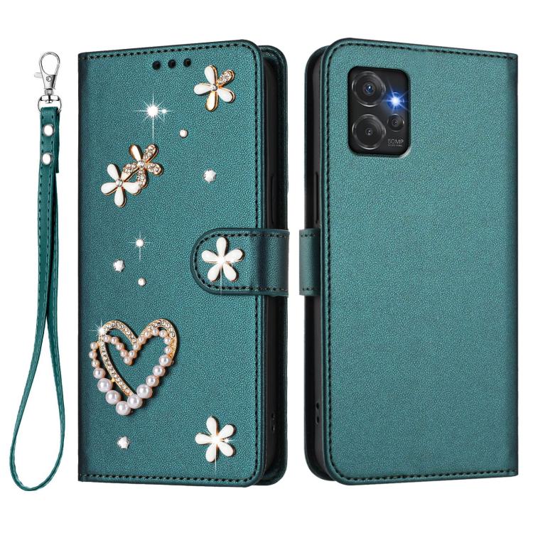 For Motorola Moto G Power 2023 ZS01 Double-Layer Heart Floral Vegan Leather Phone Case with Wrist Strap