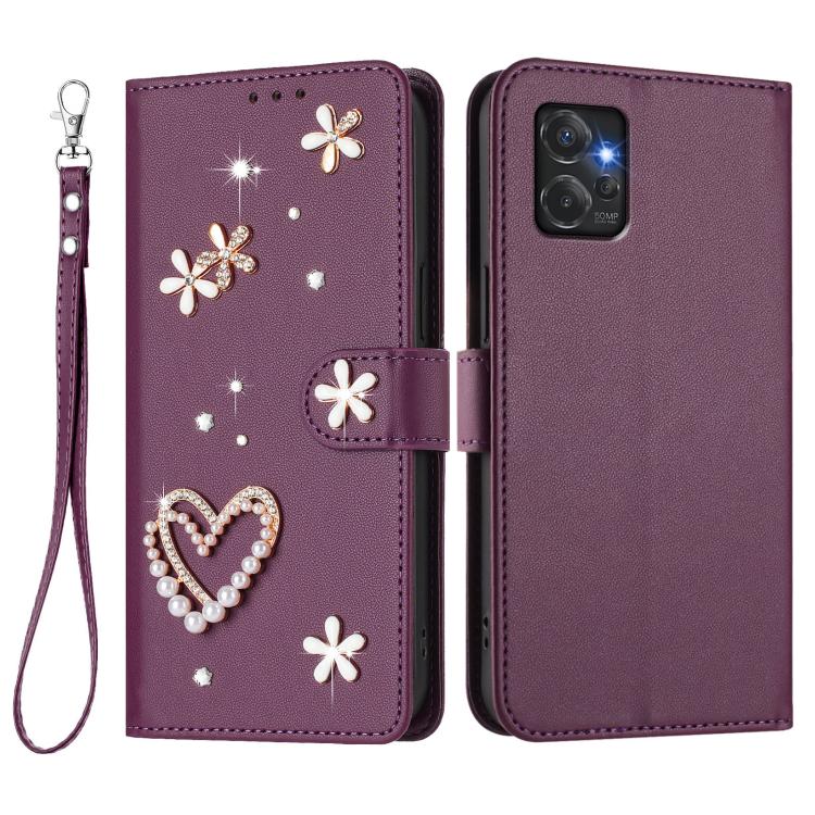For Motorola Moto G Power 2023 ZS01 Double-Layer Heart Floral Vegan Leather Phone Case with Wrist Strap