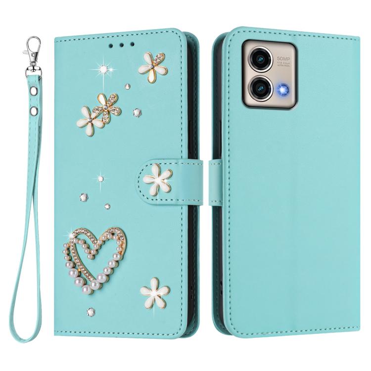 For Motorola Moto G Stylus 5G 2023 ZS01 Double-Layer Heart Floral Vegan Leather Phone Case with Wrist Strap