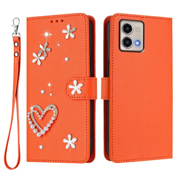 For Motorola Moto G Stylus 5G 2023 ZS01 Double-Layer Heart Floral Vegan Leather Phone Case with Wrist Strap