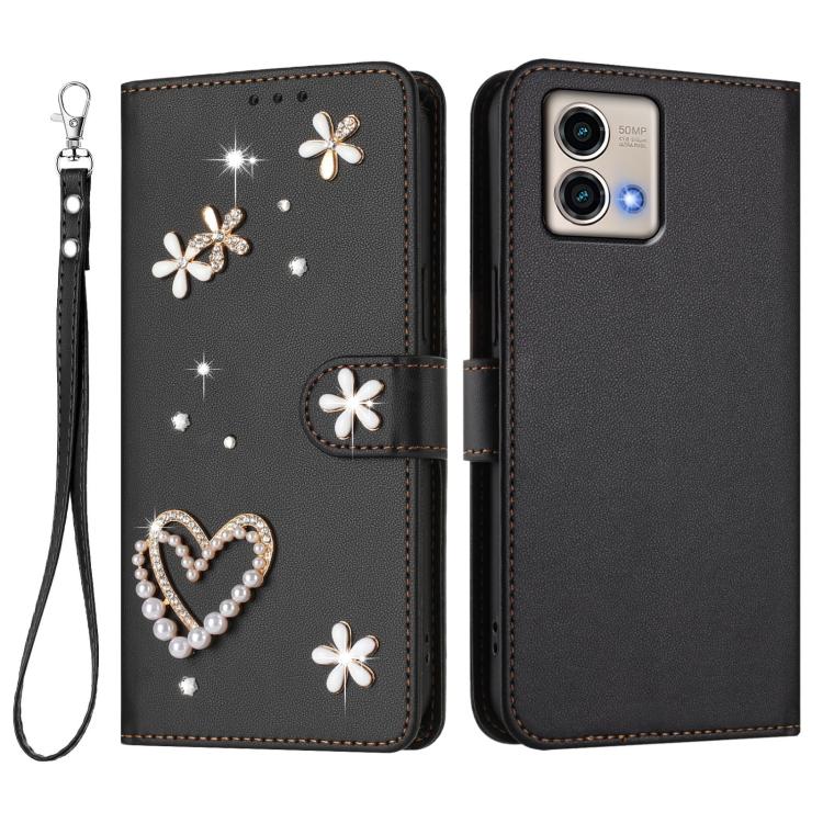 For Motorola Moto G Stylus 5G 2023 ZS01 Double-Layer Heart Floral Vegan Leather Phone Case with Wrist Strap