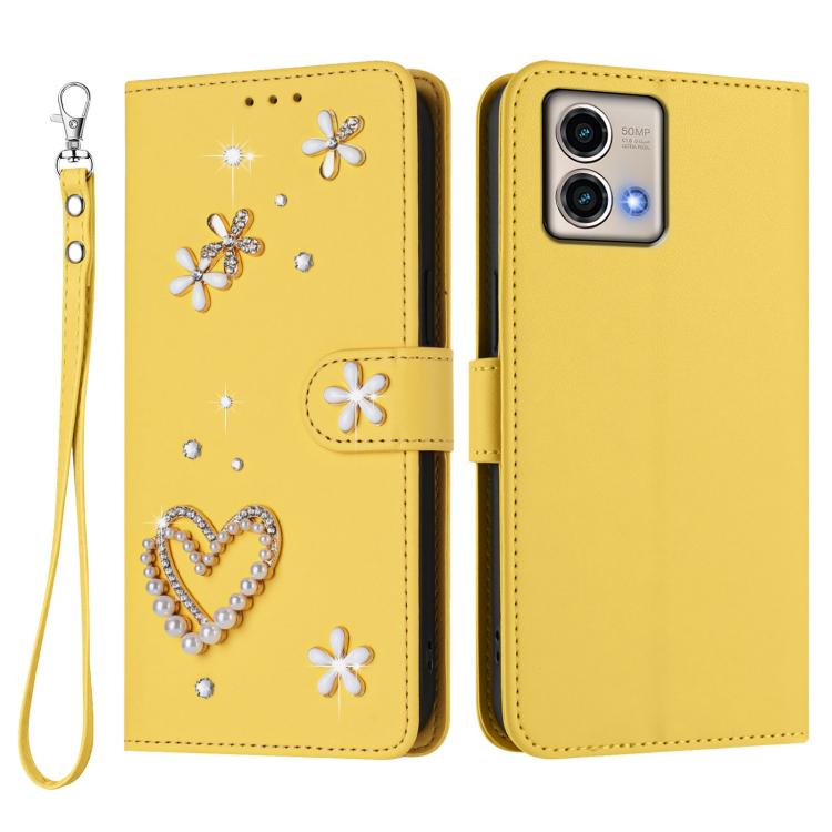 For Motorola Moto G Stylus 5G 2023 ZS01 Double-Layer Heart Floral Vegan Leather Phone Case with Wrist Strap