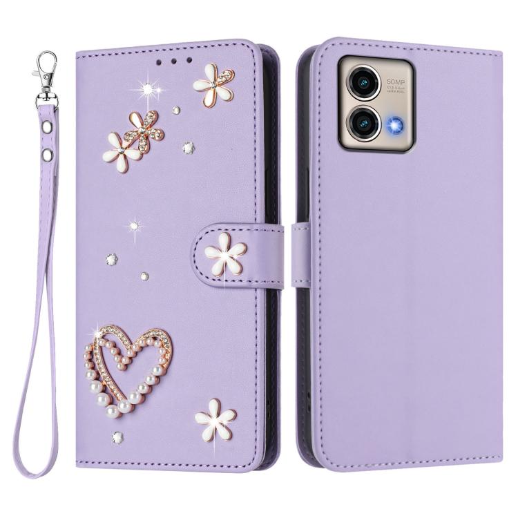 For Motorola Moto G Stylus 5G 2023 ZS01 Double-Layer Heart Floral Vegan Leather Phone Case with Wrist Strap